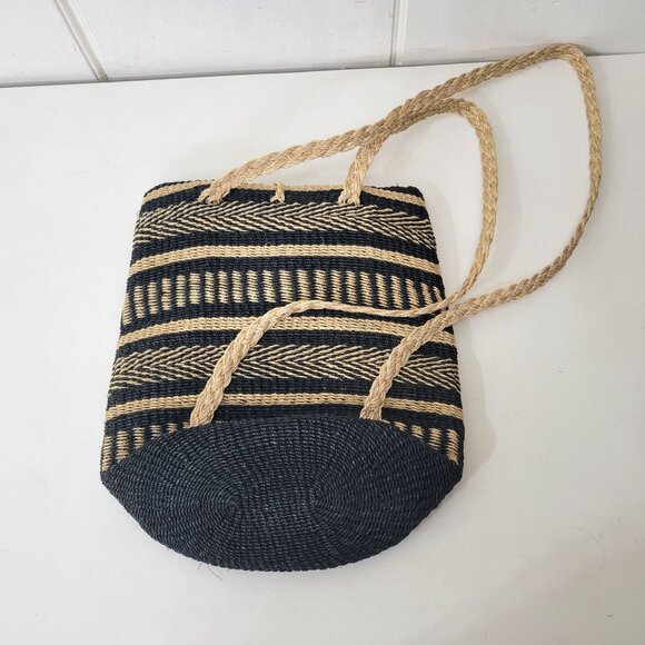 Woven Abacá Black & Beige Backpack Bag With Braided Strap - Picture 2 of 6